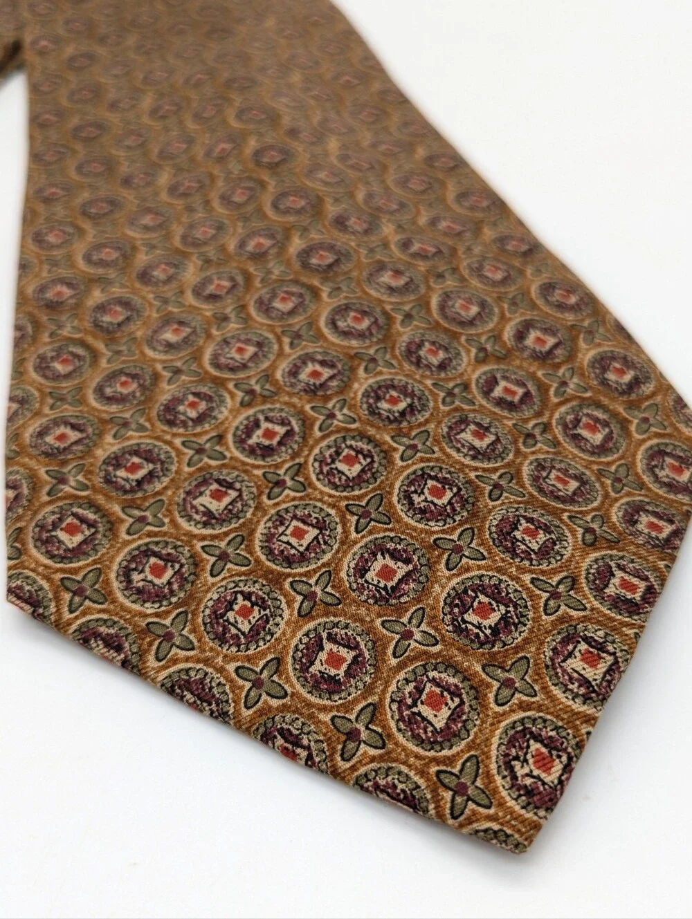 Vintage Calvin Klein Brown Red Circle Floral Abstract Silk Tie
